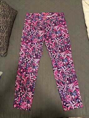 Lilly Pulitzer Pink and Navy Tropical Cropped Jeans